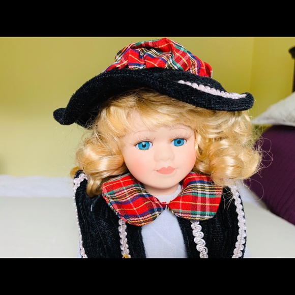 Collectible 15” Porcelain Doll Blond Girl blue eyes red Plaid dress New with box - Picture 2 of 5
